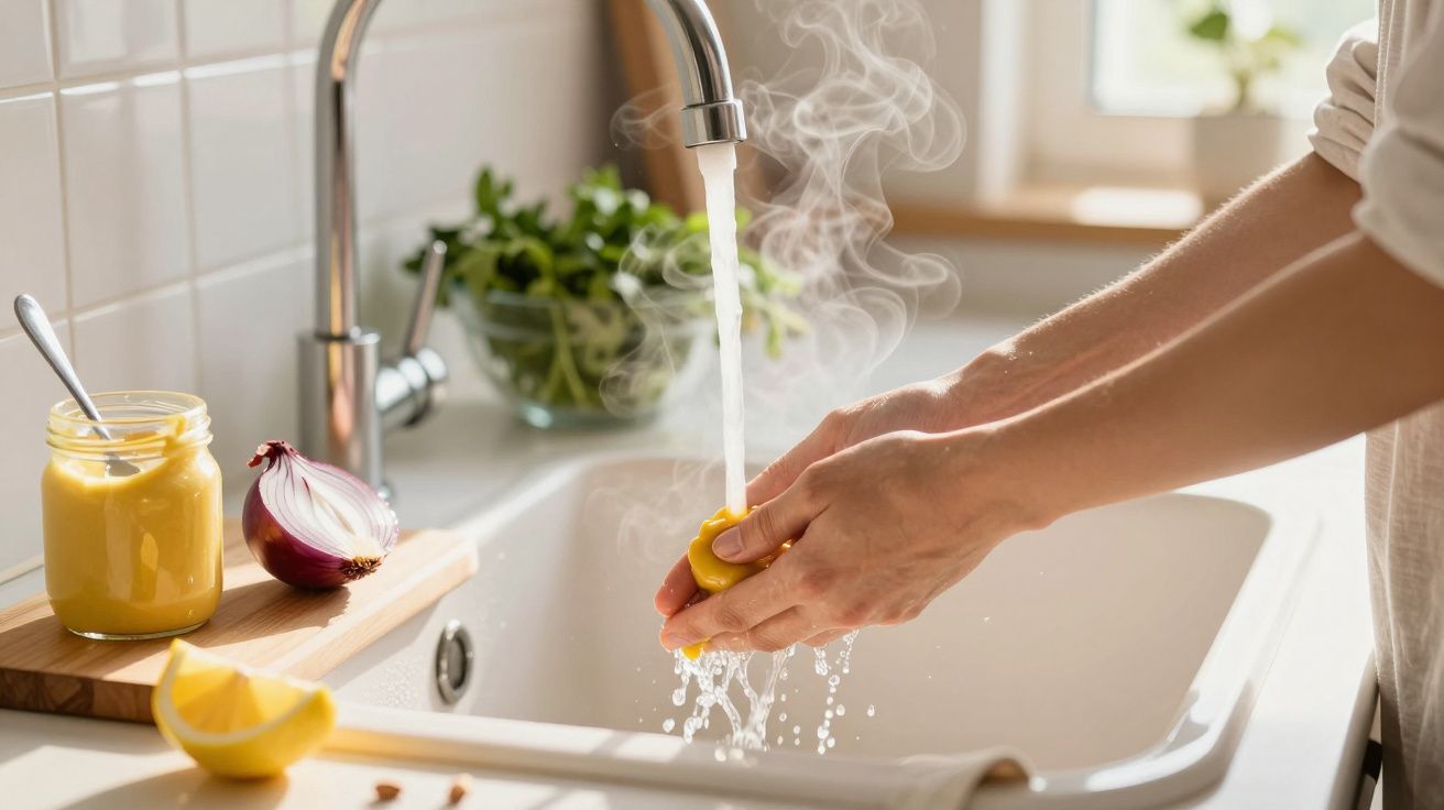 Pessoa a espremer um limão com água quente a correr numa cozinha luminosa.