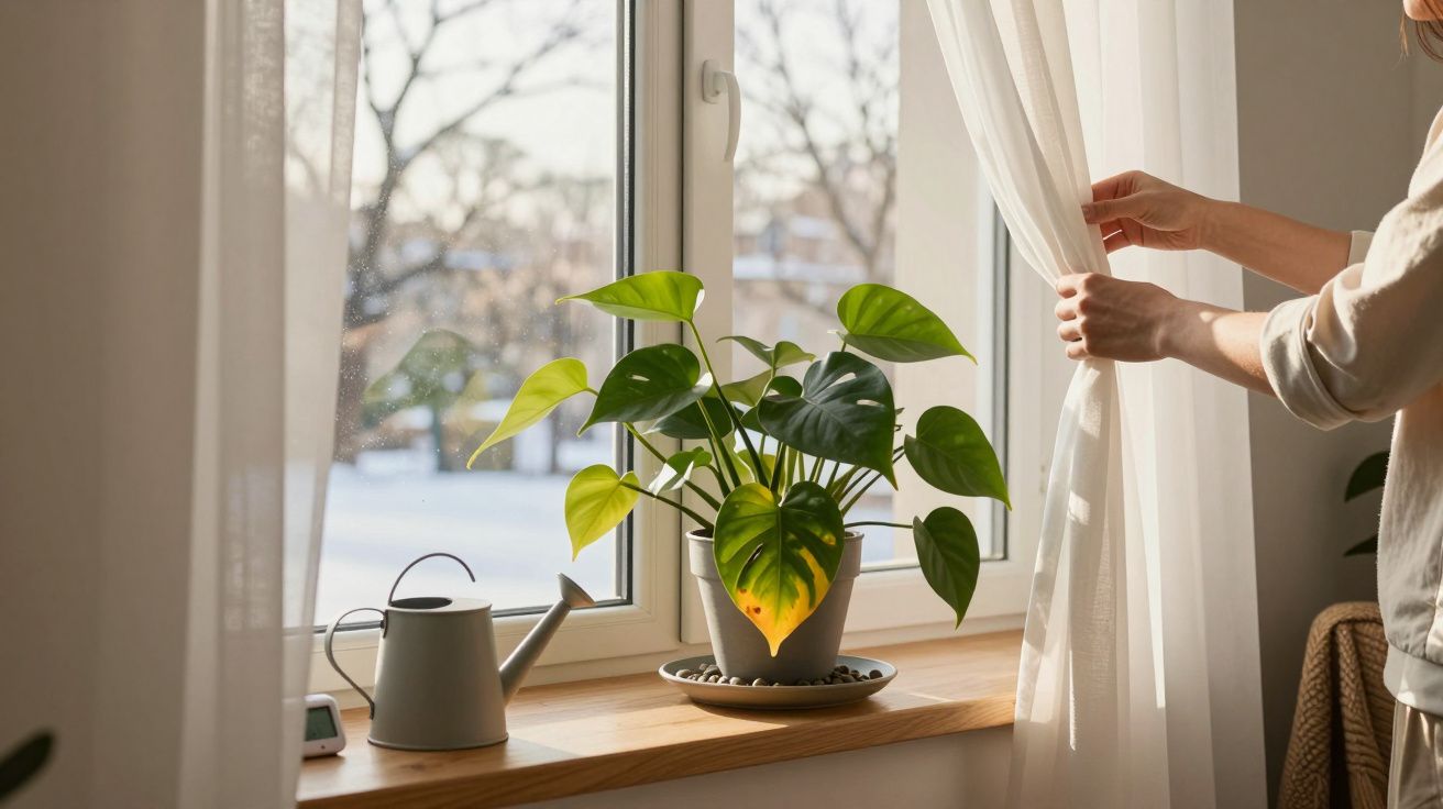 Planta verde numa janela com luz natural, regador cinzento e pessoa a abrir cortina branca.