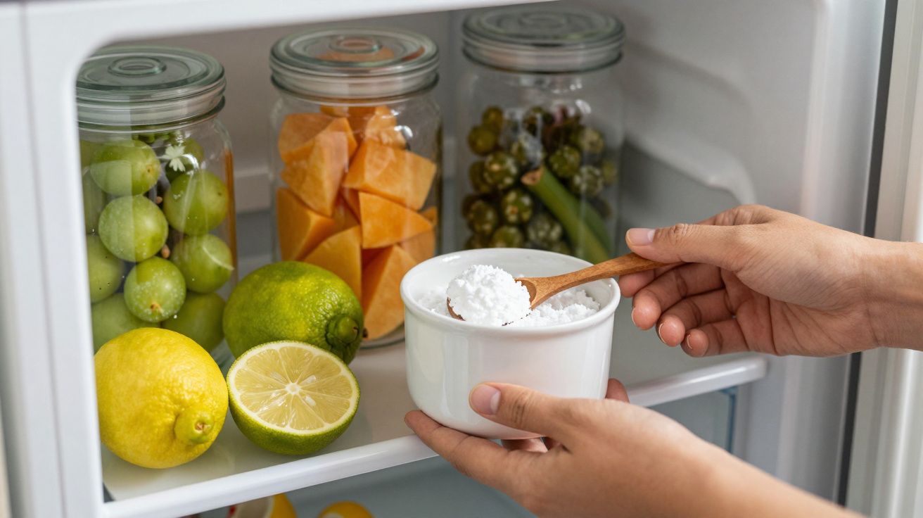Mãos seguram tigela branca com pó branco ao abrir frigorífico com frutas em frascos de vidro.
