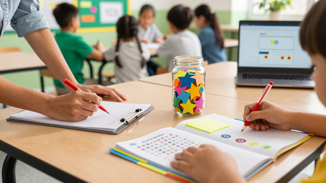 Crianças e professor em sala de aula escrevendo e utilizando material didático colorido numa mesa.