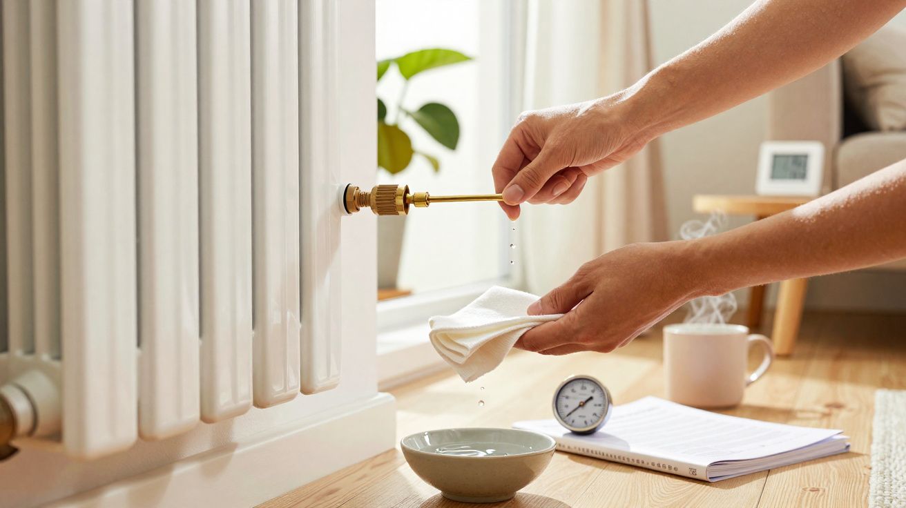 Mãos a drenar radiador com recipiente e termómetro de ambiente numa sala iluminada.