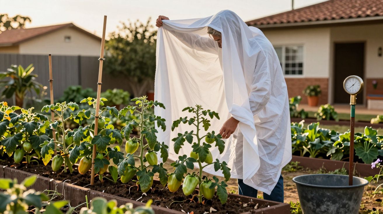 Pessoa a proteger plantas de tomate com um pano branco num jardim residencial ao entardecer.