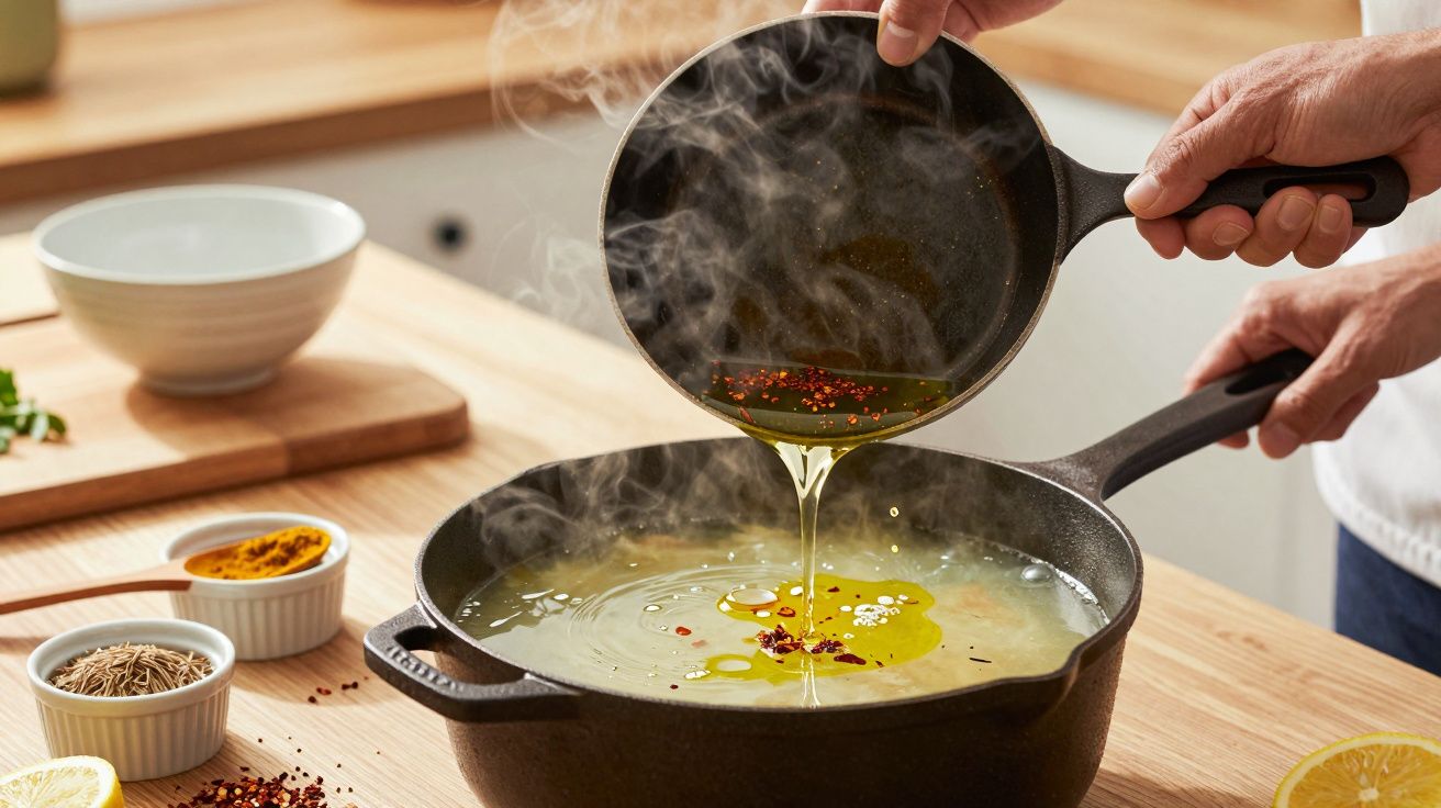 Pessoa a verter óleo com especiarias numa panela preta com vapor, sobre bancada de madeira numa cozinha.