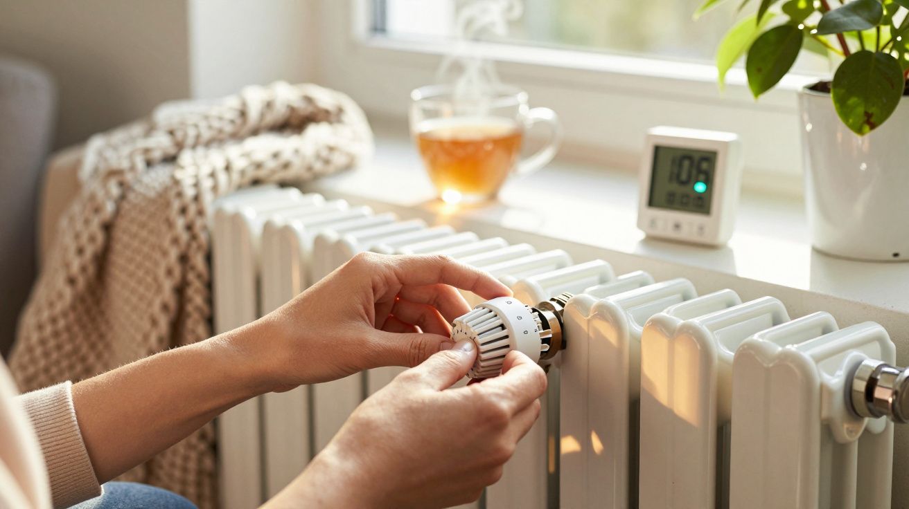 Mãos a ajustar termóstato de radiador branco junto a janela com chá e termómetro digital no peitoril.