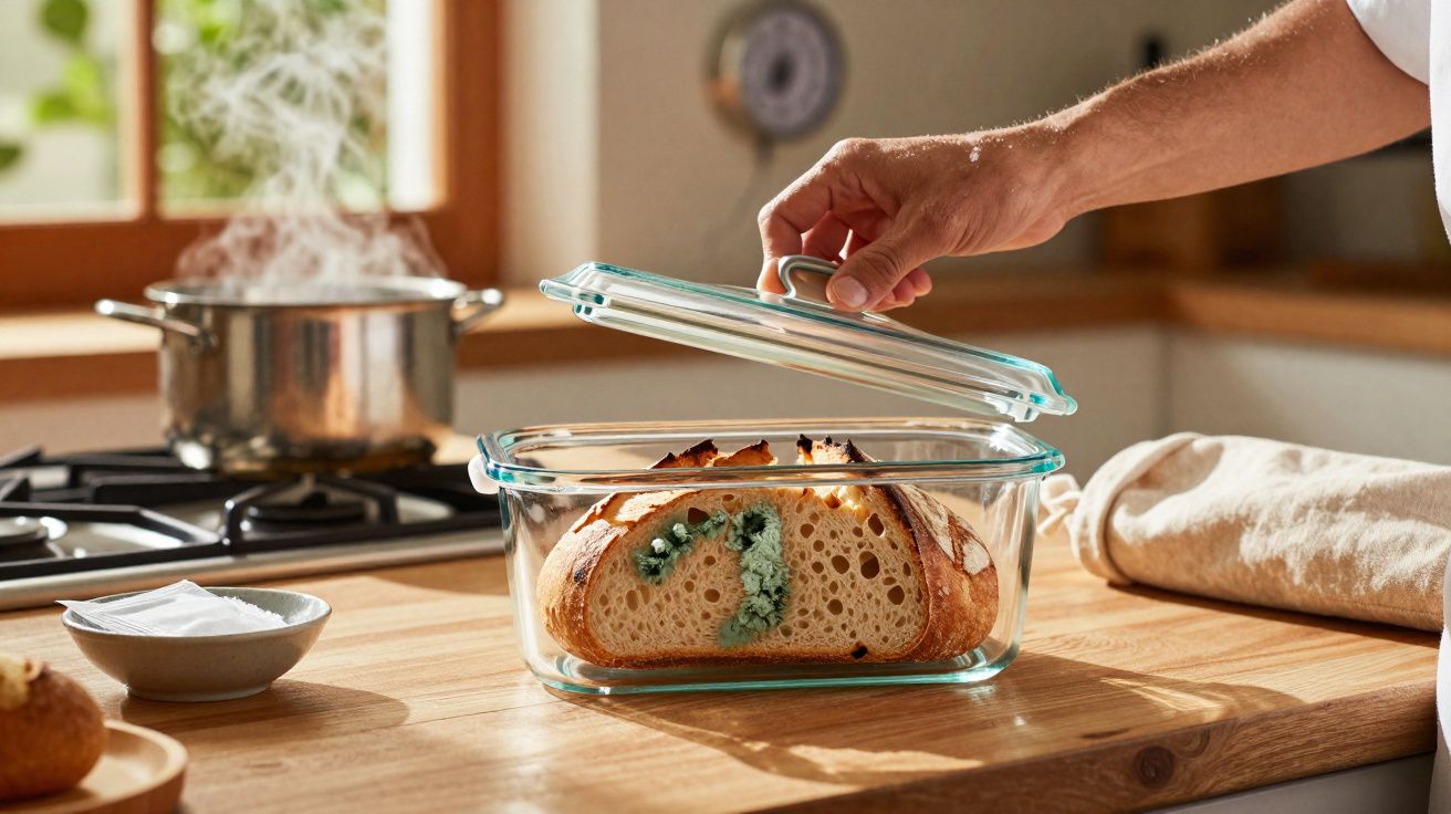 Pão com bolor verde dentro de recipiente de vidro numa cozinha iluminada.