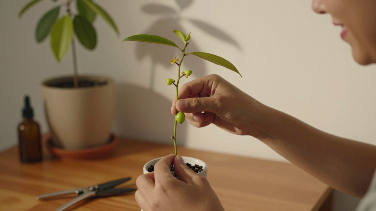 Pessoa a cuidar de planta pequena em vaso branco sobre mesa de madeira com tesoura e plantas ao fundo.