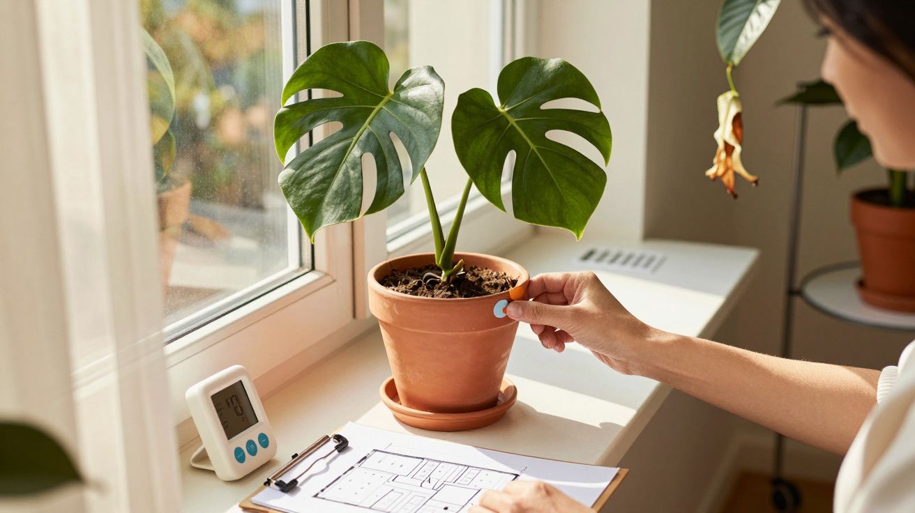 Pessoa a medir a humidade do solo de uma planta num vaso junto à janela com luz natural.