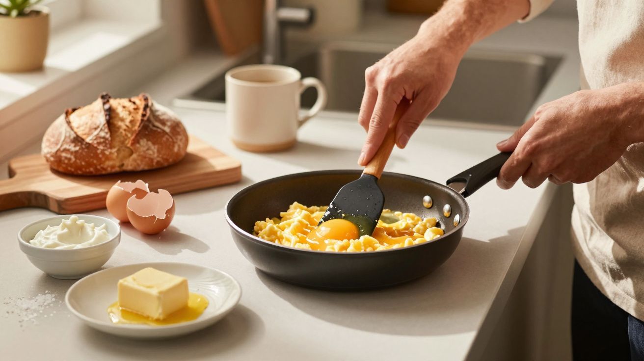 Pessoa a mexer ovos mexidos numa frigideira na cozinha com pão, manteiga e natas numa bancada.