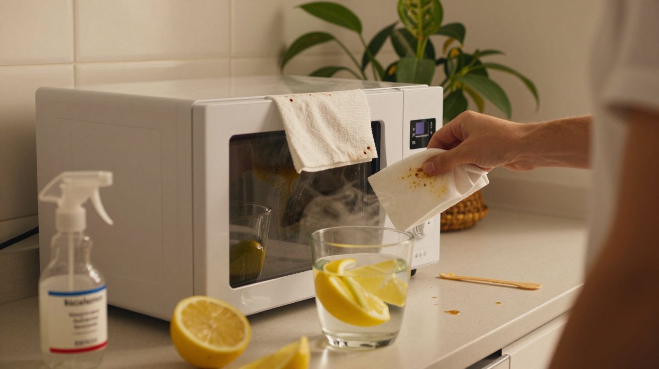 Microndas branco com gordura a ser limpa com folha de papel, limão cortado e copo de água com rodelas de limão.