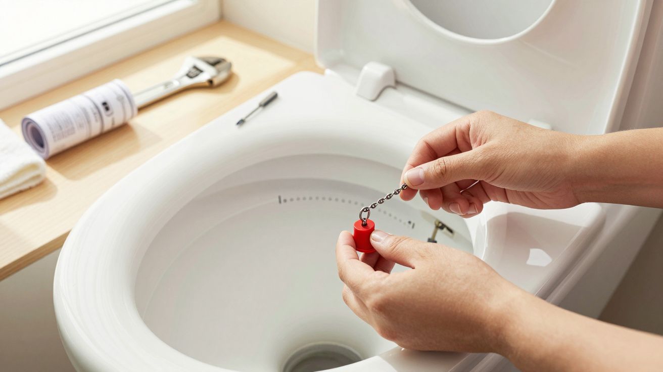 Mãos seguram uma corrente vermelha dentro de uma sanita branca aberta, com ferramentas e peças numa bancada ao lado.