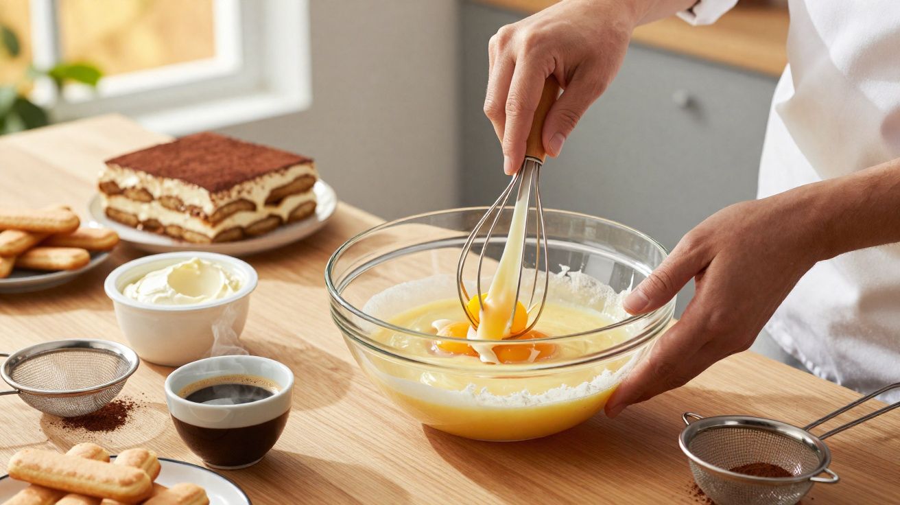 Pessoa a bater gemas com varinha de arames para preparar tiramisú, com ingredientes e sobremesa ao fundo.