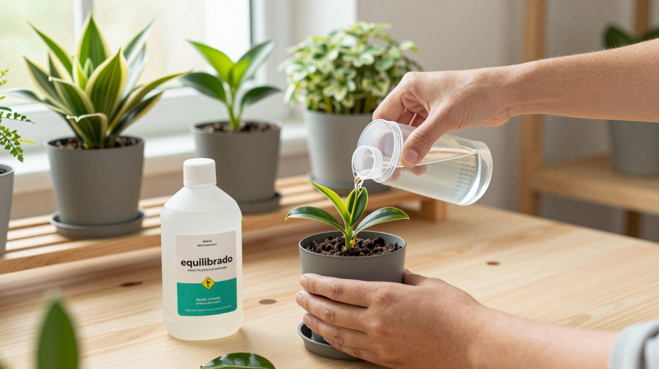 Pessoa a regar planta suculenta num vaso cinzento com líquido transparente numa mesa de madeira com várias plantas ao fundo.
