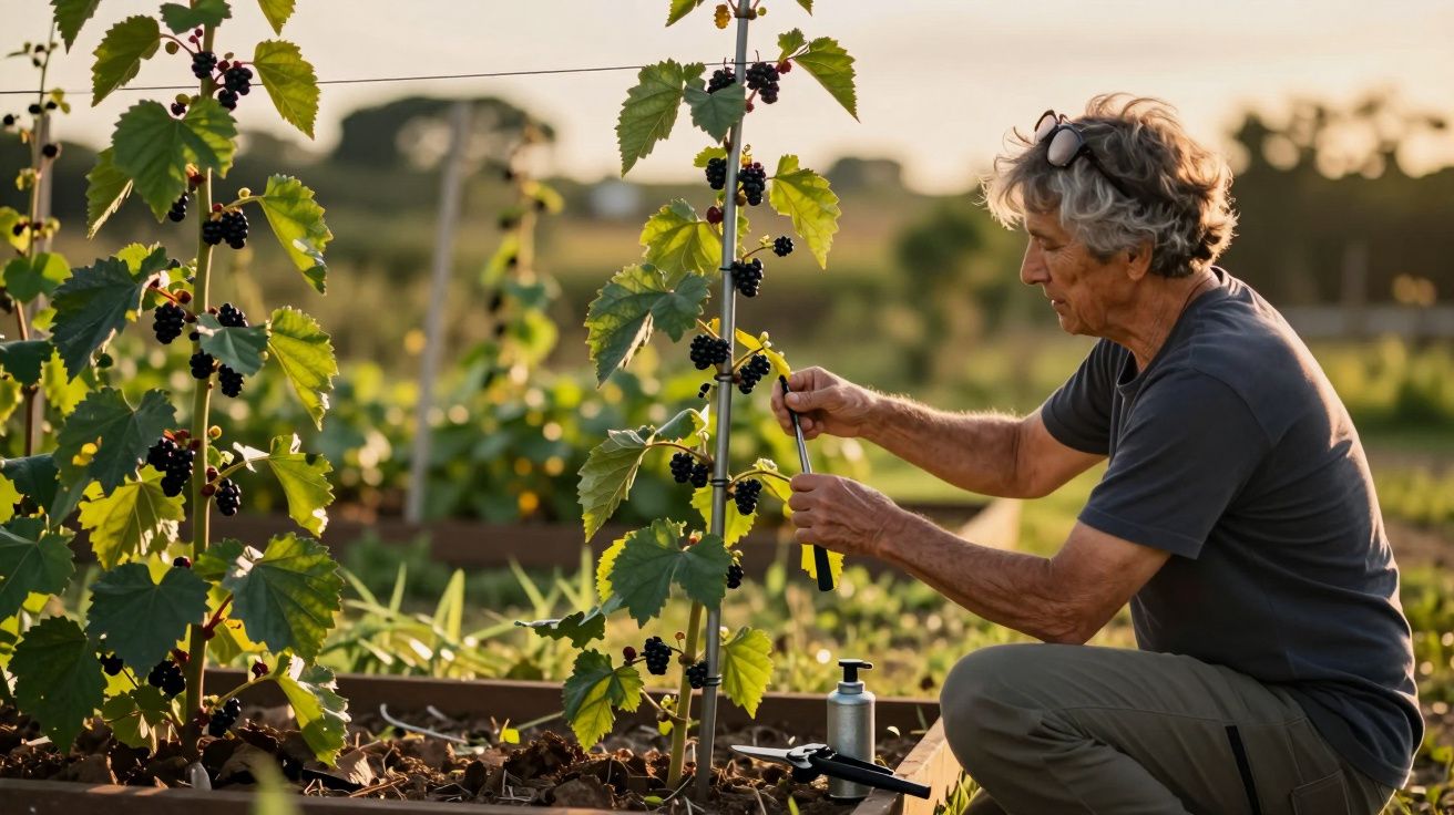 Homem idoso a podar plantas de videira num campo ao entardecer.