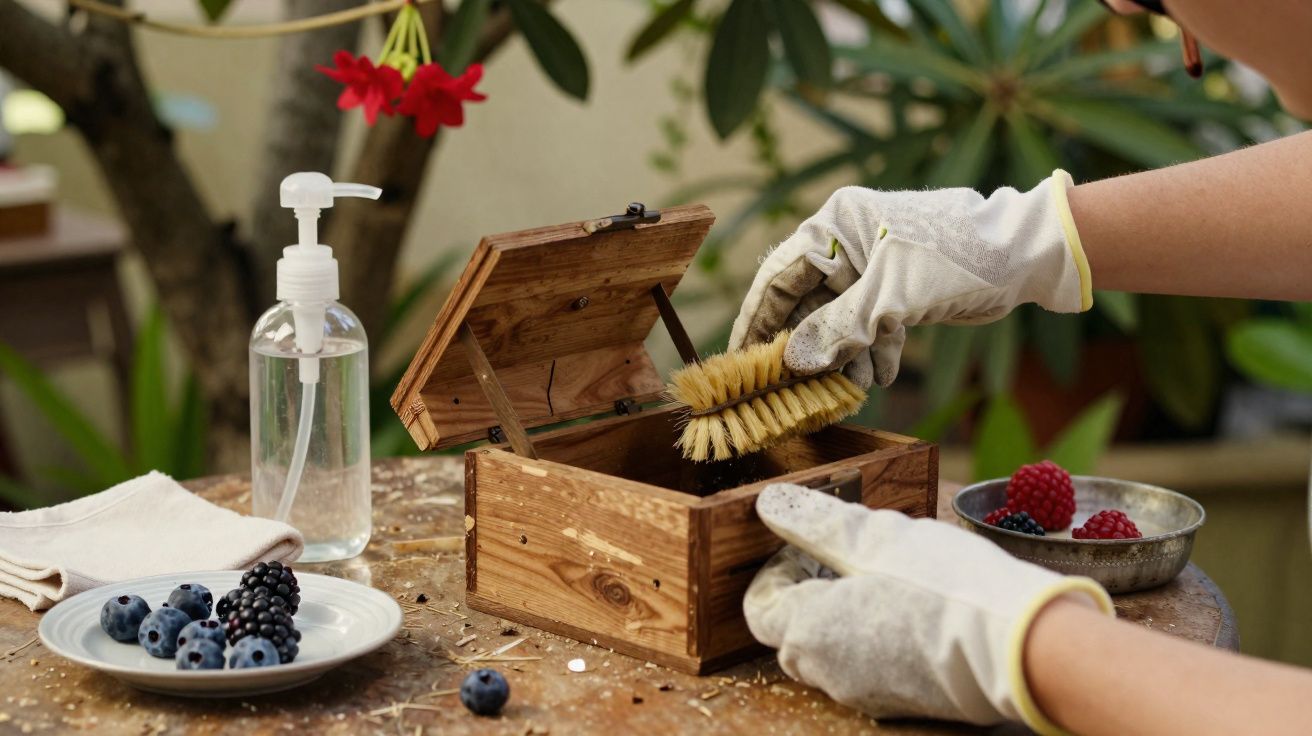 Mãos com luvas a limpar uma caixa de madeira com escova num ambiente de jardim com frutas e álcool gel.