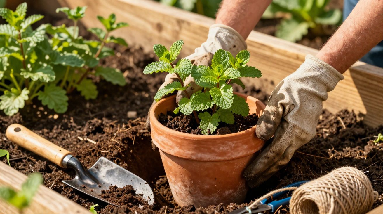 Mãos com luvas a plantar uma erva aromática num vaso de barro, com enxada e fio de jardinagem ao lado.