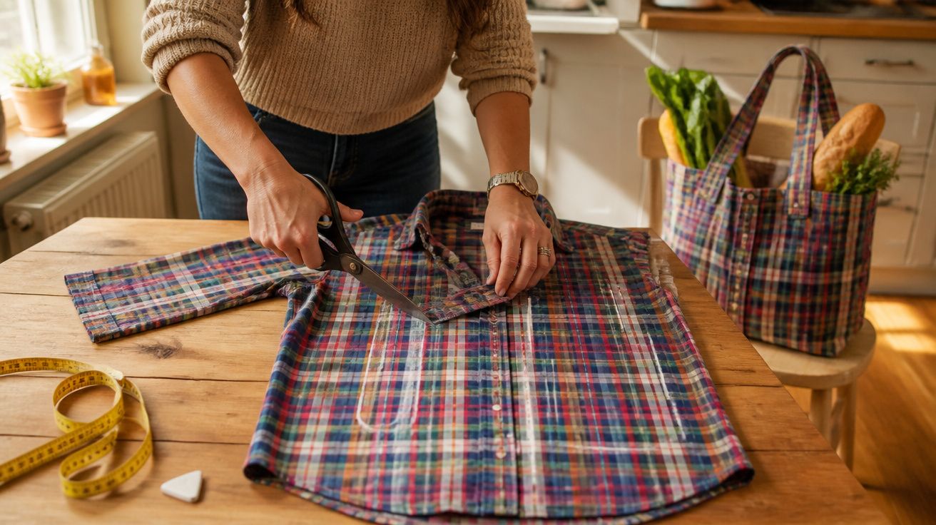 Pessoa a cortar uma camisa às quadrículas numa mesa de madeira para reaproveitamento.