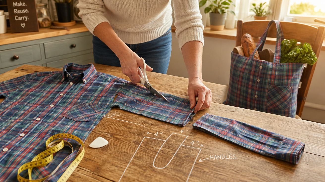 Pessoa a cortar manga de camisa tartan para fazer uma bolsa reutilizável numa mesa de madeira.