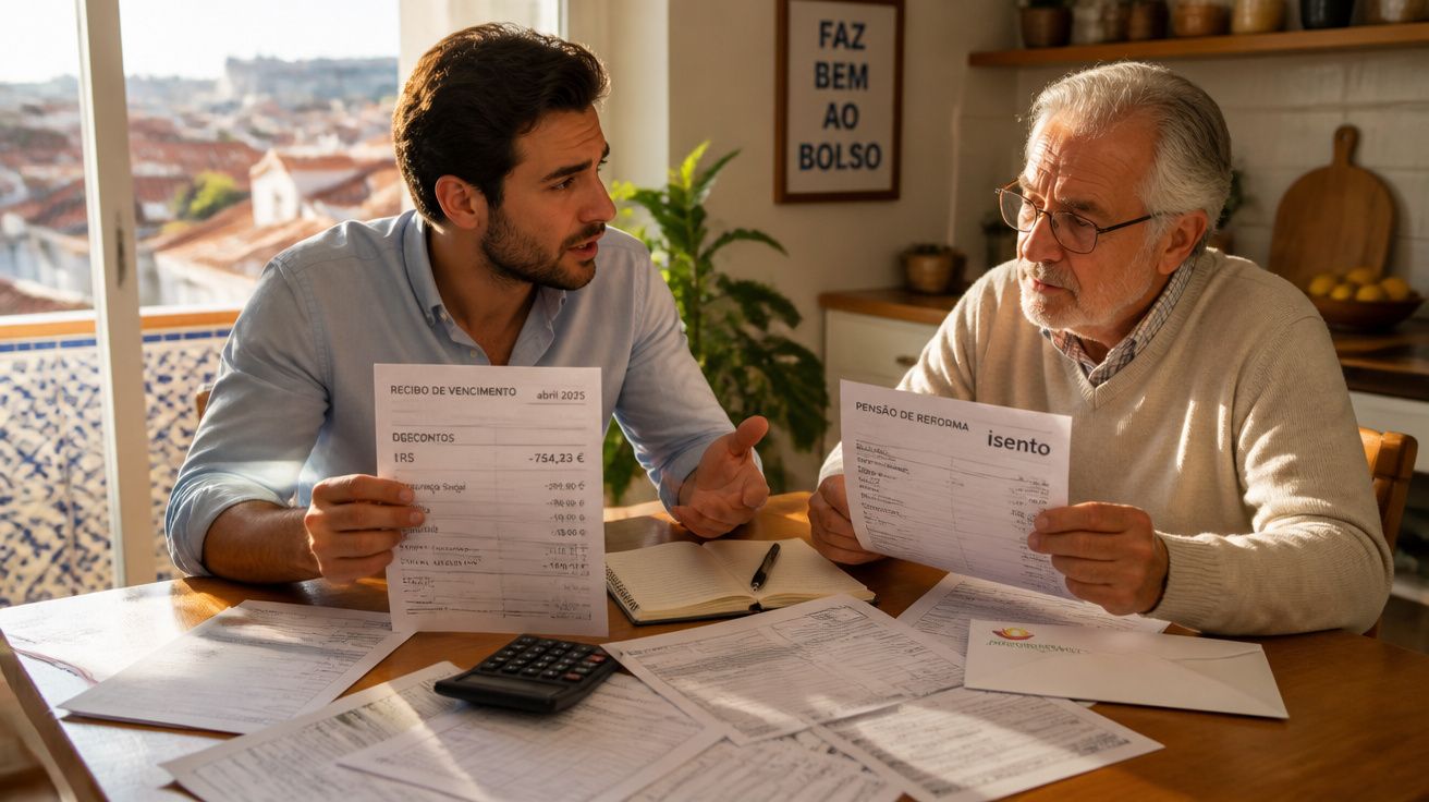 Homem e idoso sentados à mesa a discutir documentos financeiros com calculadora num ambiente doméstico iluminado.