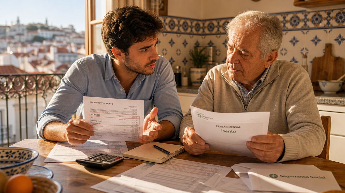 Homem jovem e idoso a analisar documentos financeiros sentados à mesa numa cozinha com azulejos tradicionais.