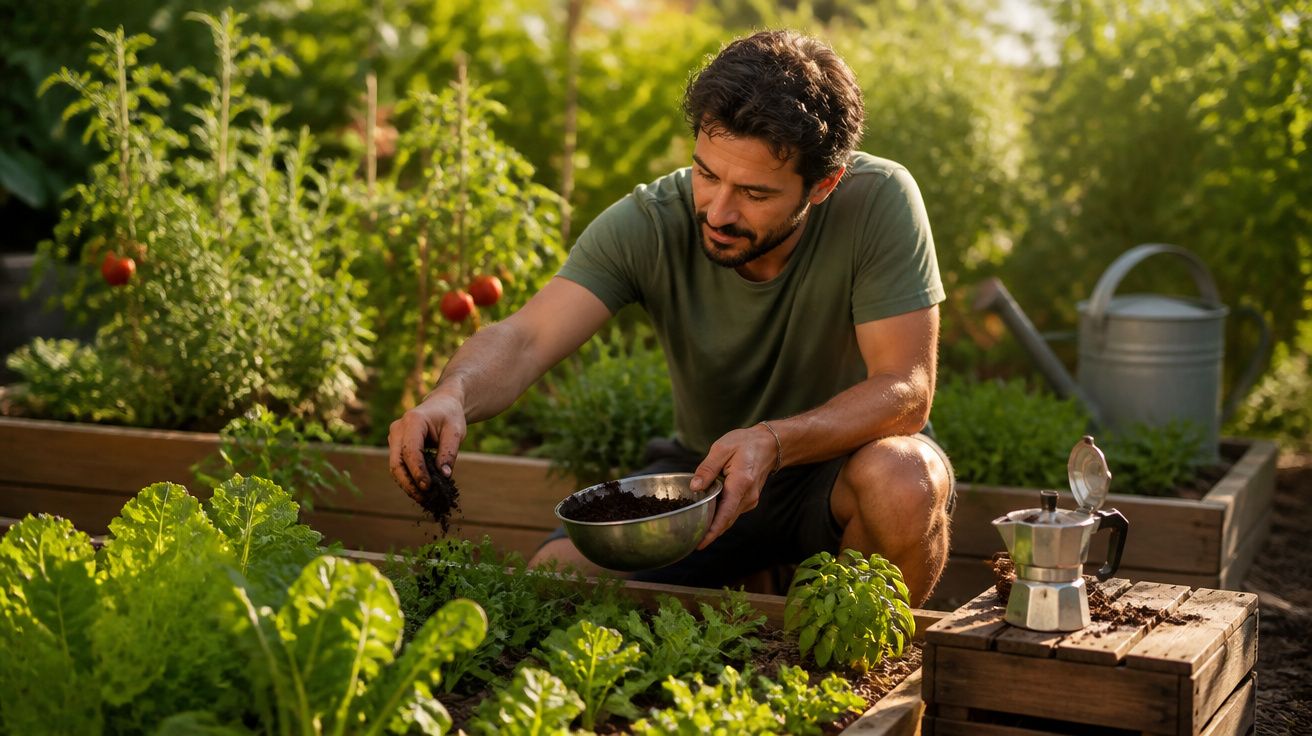 Homem a cuidar de plantas numa horta urbana com regador e cafeteira ao lado.