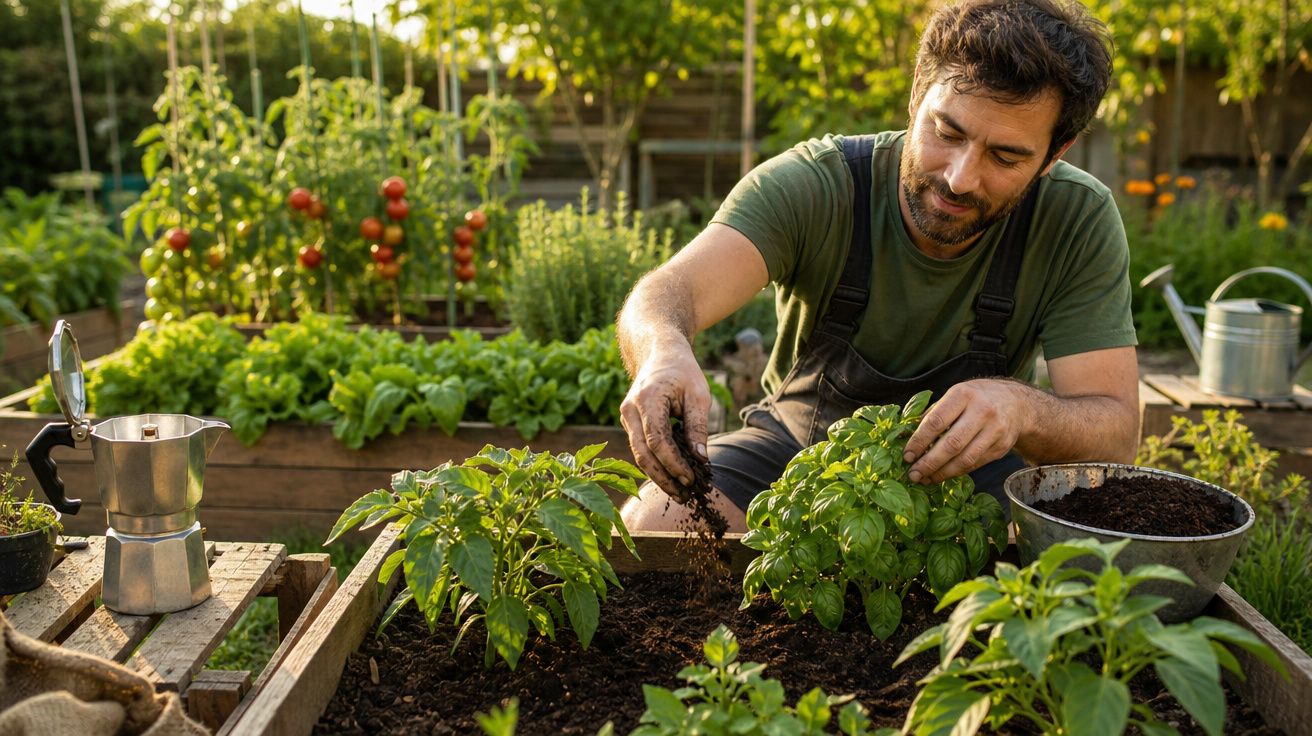 Homem a cuidar de plantas numa horta urbana com legumes e ervas aromáticas ao ar livre.