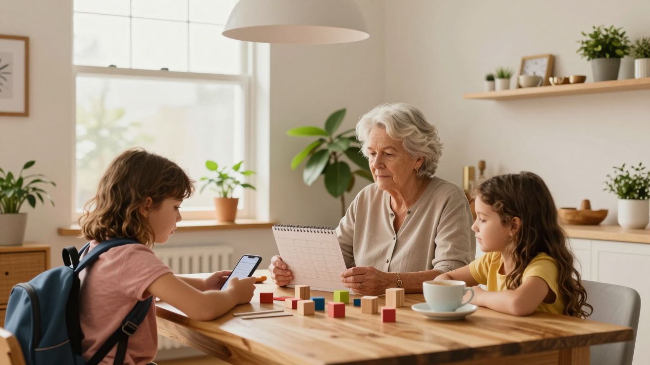 Avó a ajudar duas crianças com tarefas, sentados à mesa com blocos coloridos e um calendário.