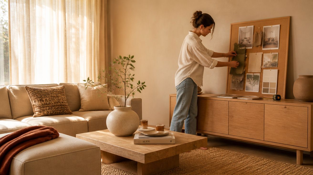 Mulher a decorar uma sala luminosa com móveis em madeira e decoração minimalista.