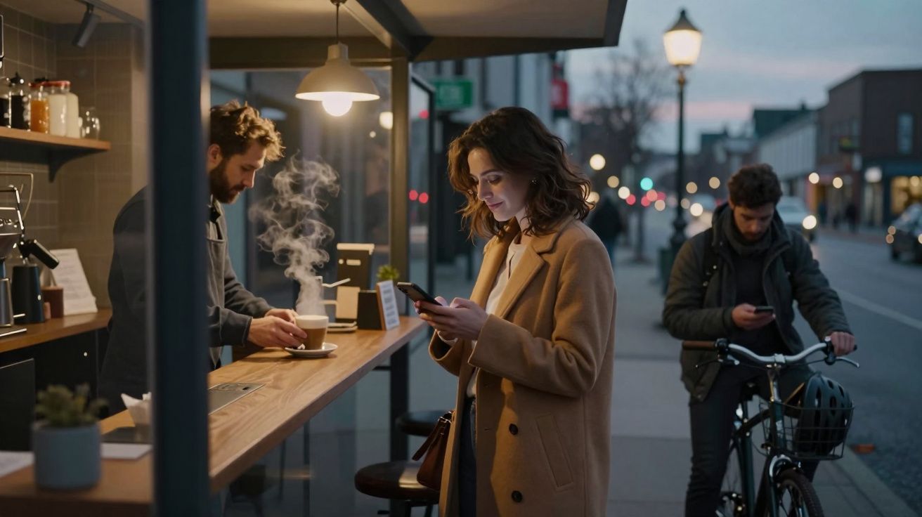 Mulher a usar telemóvel numa cafetaria ao ar livre ao entardecer, homem a servir café e ciclista ao fundo.