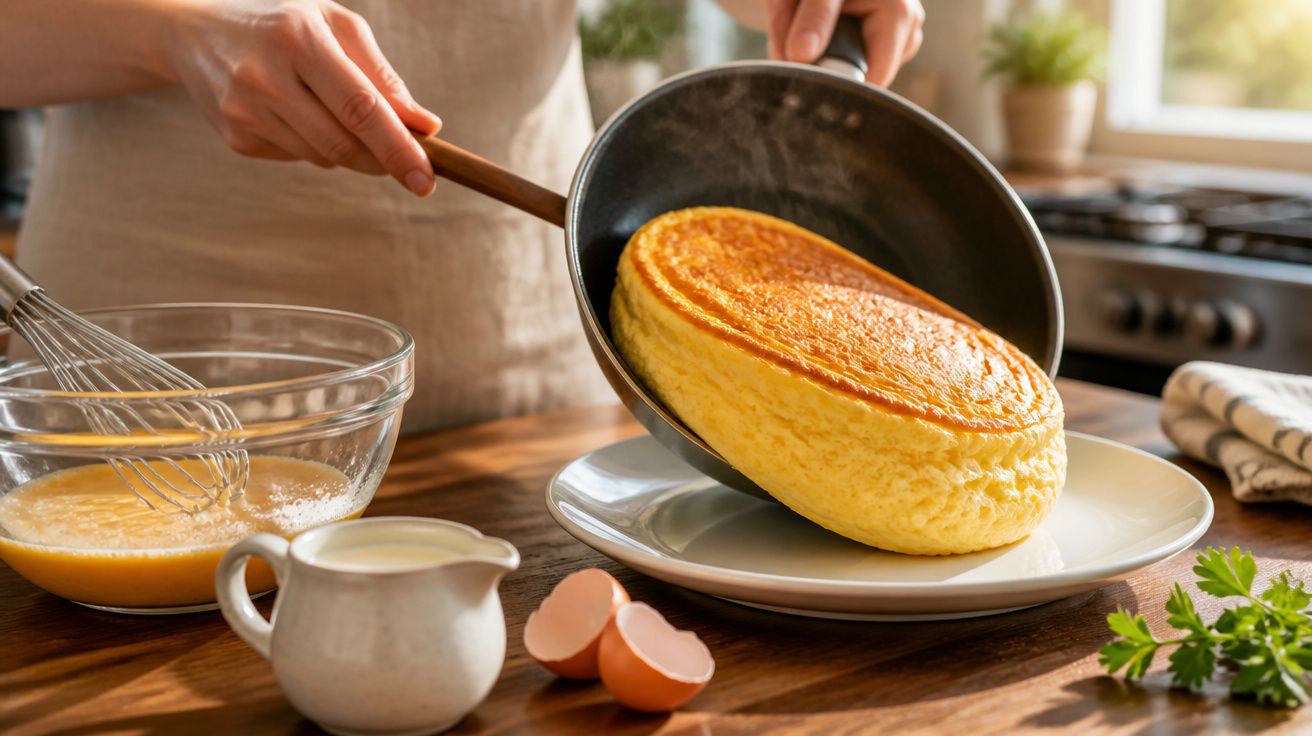 Pessoa a virar panqueca fofa e dourada de frigideira para prato branco numa cozinha iluminada.