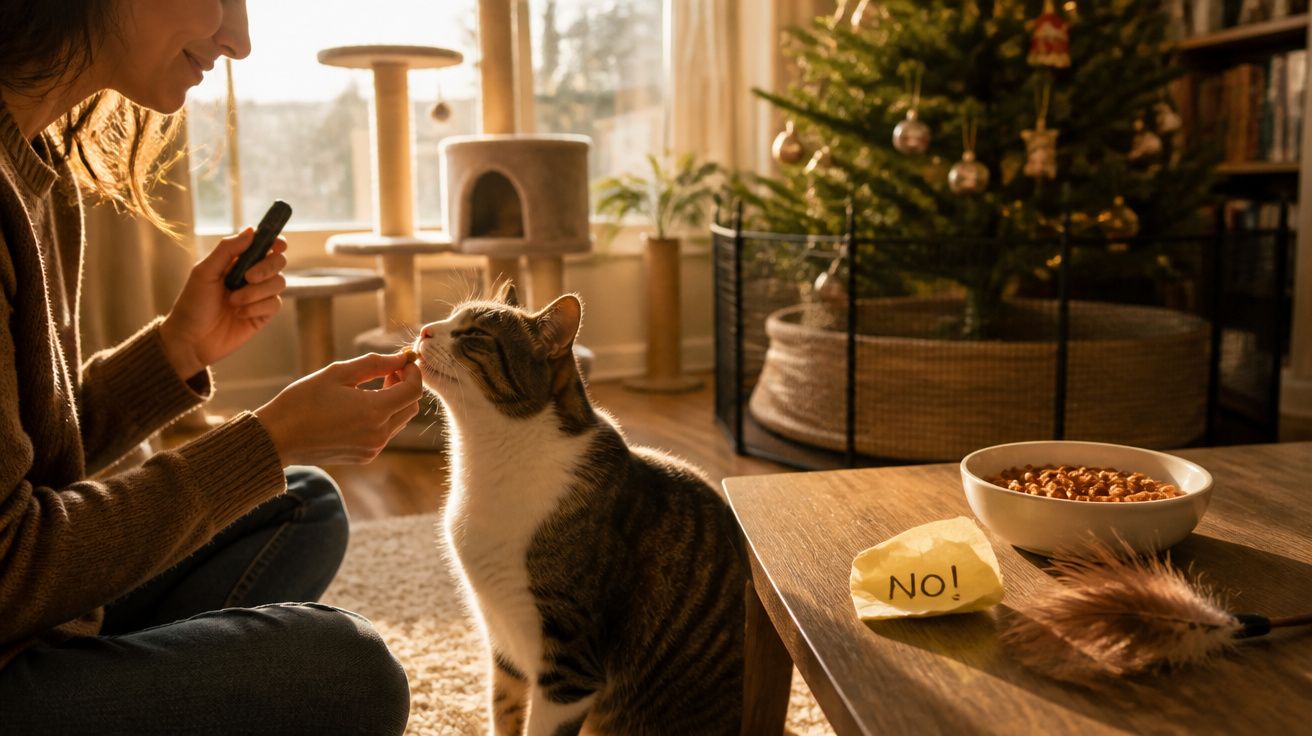 Mulher a dar comida a um gato num ambiente acolhedor com árvore de Natal ao fundo.