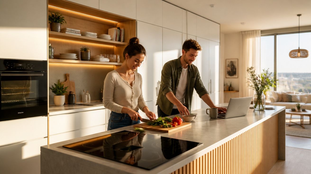 Casal a preparar refeição numa cozinha moderna e luminosa com ilha central e vista para a sala.