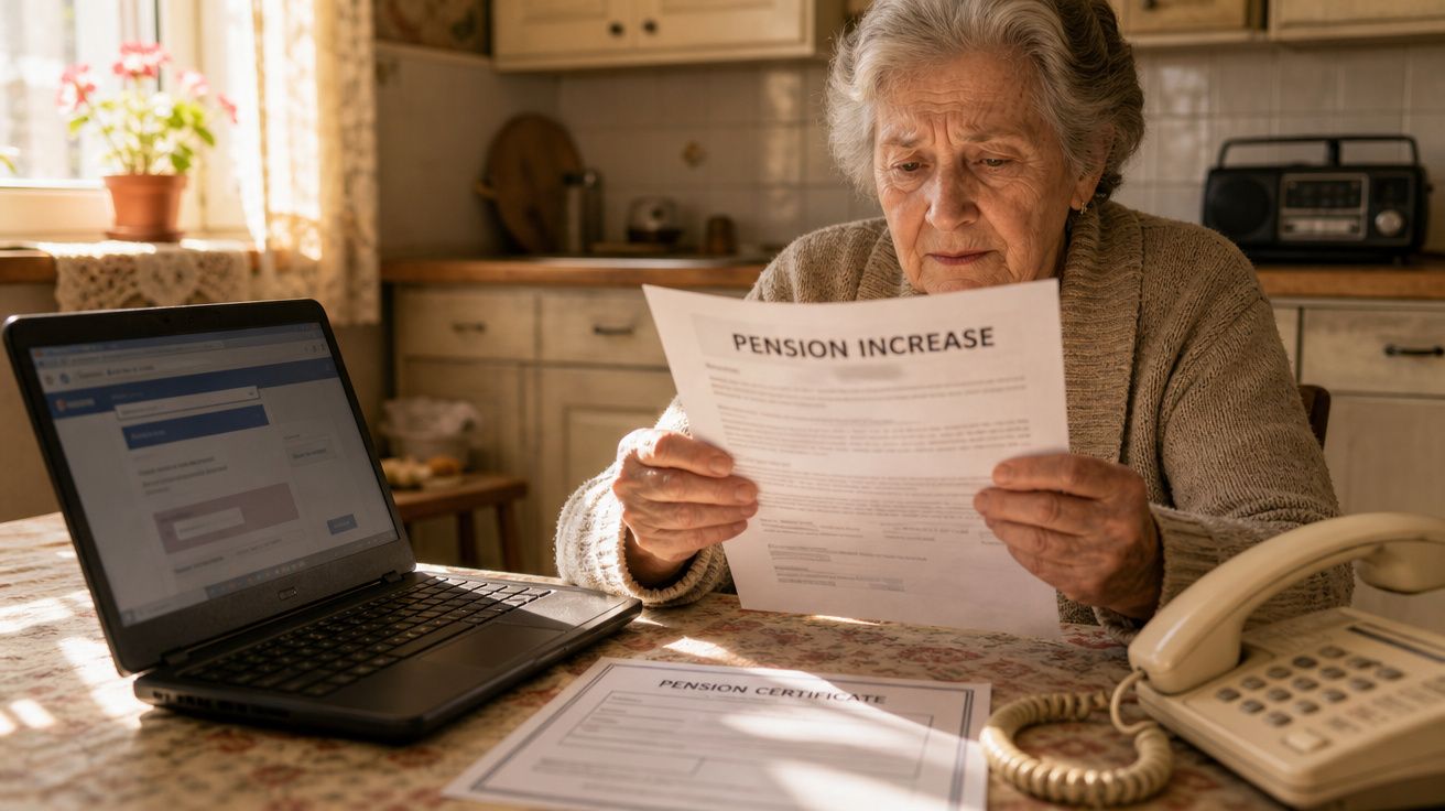 Mulher idosa sentada à mesa de cozinha a ler documento sobre aumento de pensão com laptop aberto.