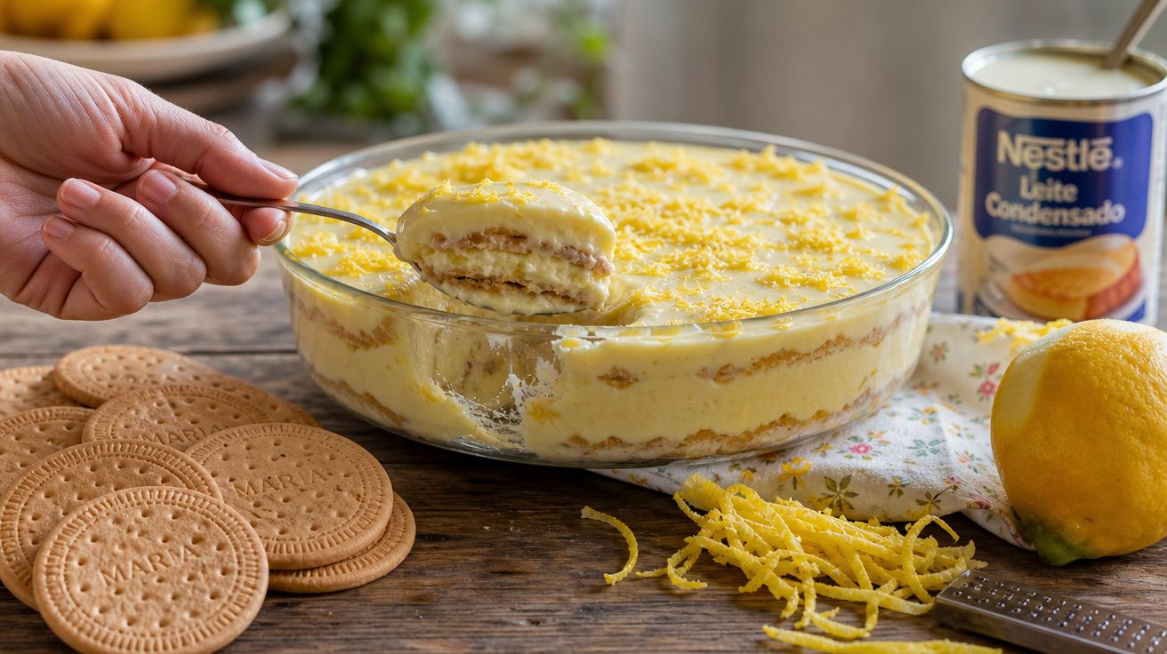 Torta de limão com bolachas Maria, leite condensado e raspa de limão, com uma colher a servir uma fatia.