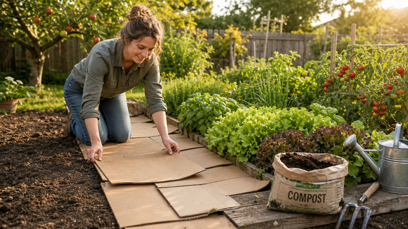 Mulher a colocar cartão no chão junto a uma horta com plantas e utensílios de jardinagem ao pôr do sol.