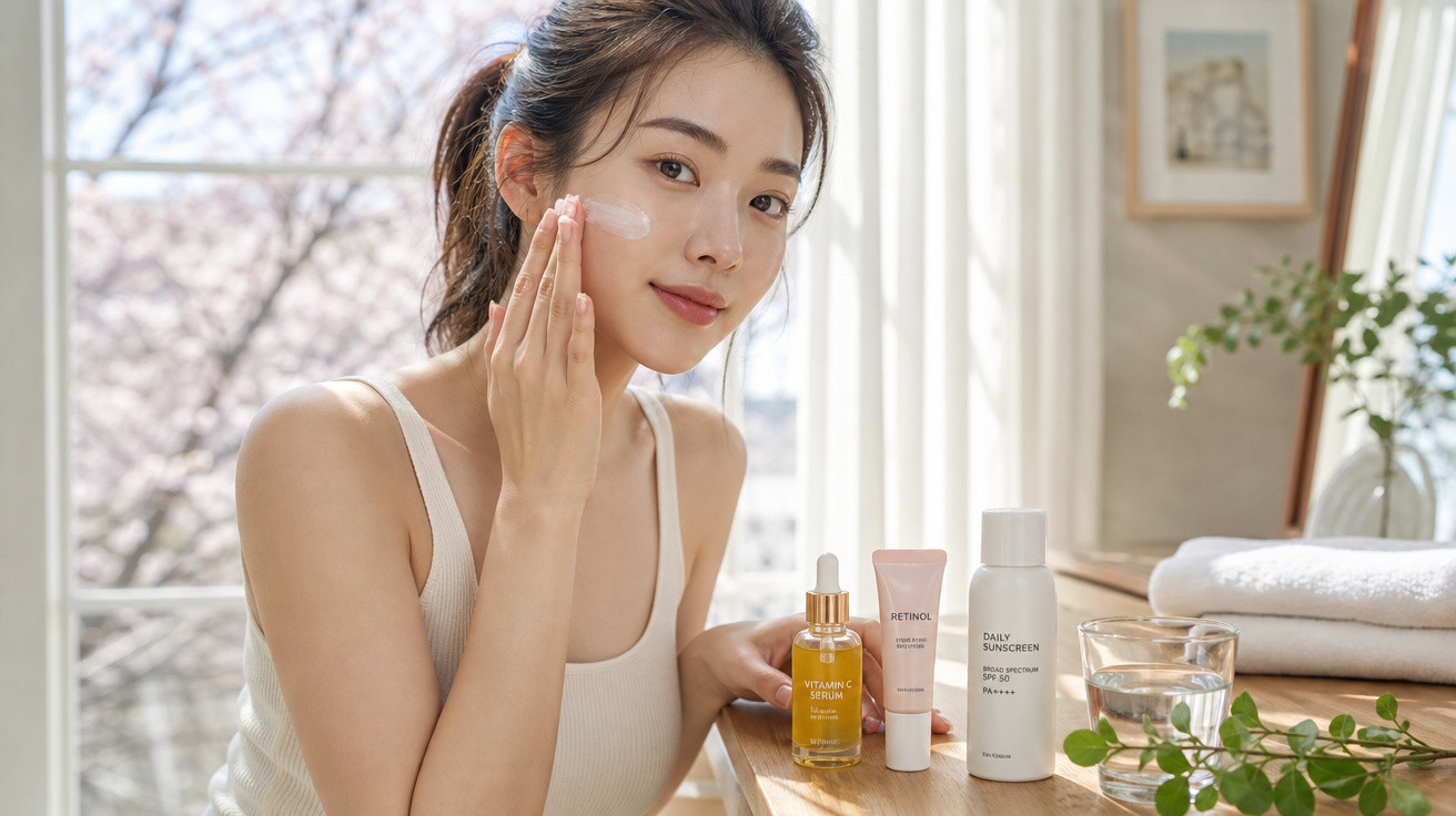 Mulher aplica creme no rosto, sentada junto a janela com produtos de cuidado da pele numa mesa.