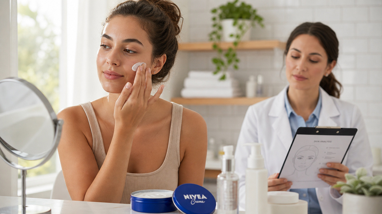 Mulher a aplicar creme facial Nivea, enquanto consulta dermatologista num consultório moderno.