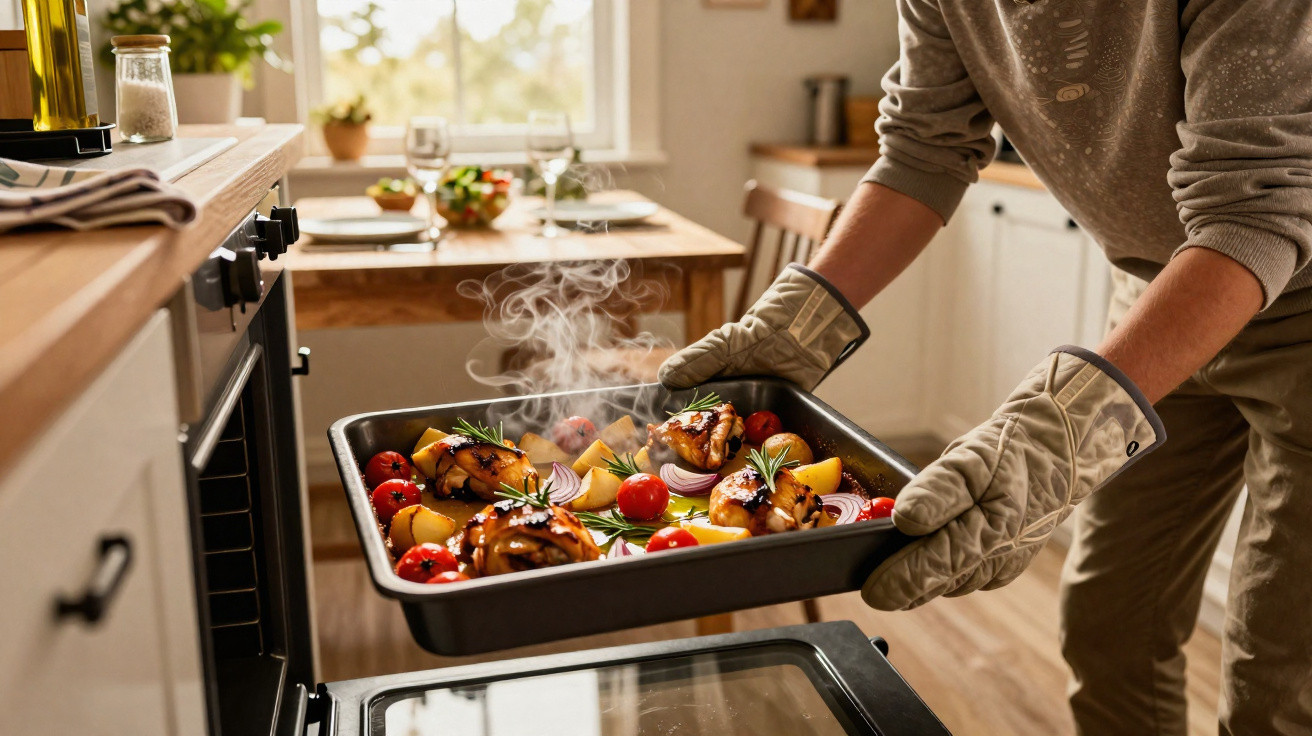 Pessoa a retirar tabuleiro com frango e legumes assados do forno na cozinha iluminada.