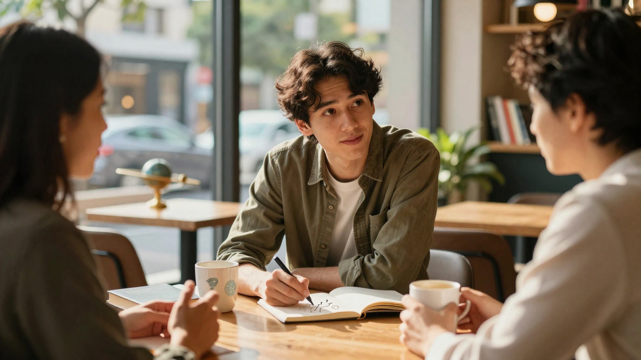 Três jovens sentados numa mesa de café, um deles a desenhar num caderno enquanto conversam.
