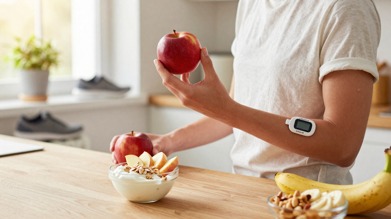 Pessoa com sensor de açúcar no sangue no braço, segurando maçã, com frutas e iogurte numa mesa.