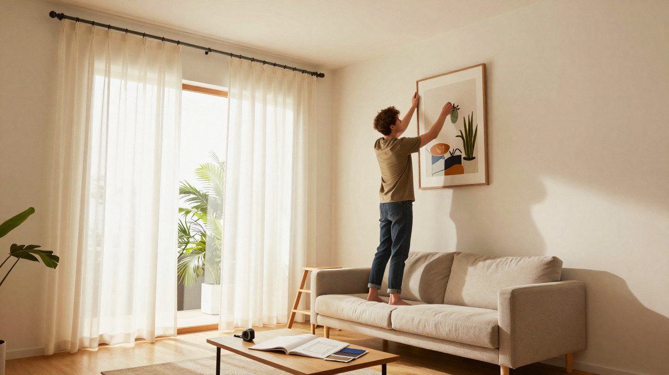 Homem a decorar parede da sala com quadro, janela com cortinas brancas e sofá cinza.