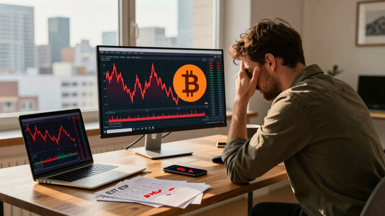 Homem preocupado sentado à mesa com gráficos de queda do Bitcoin em dois ecrãs no escritório.
