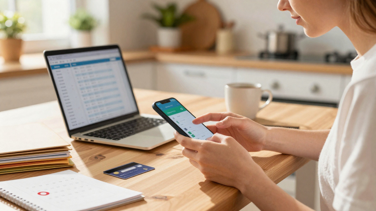 Pessoa a usar telemóvel com aplicativo de finanças, computador portátil, cartão de crédito e calendário numa mesa.