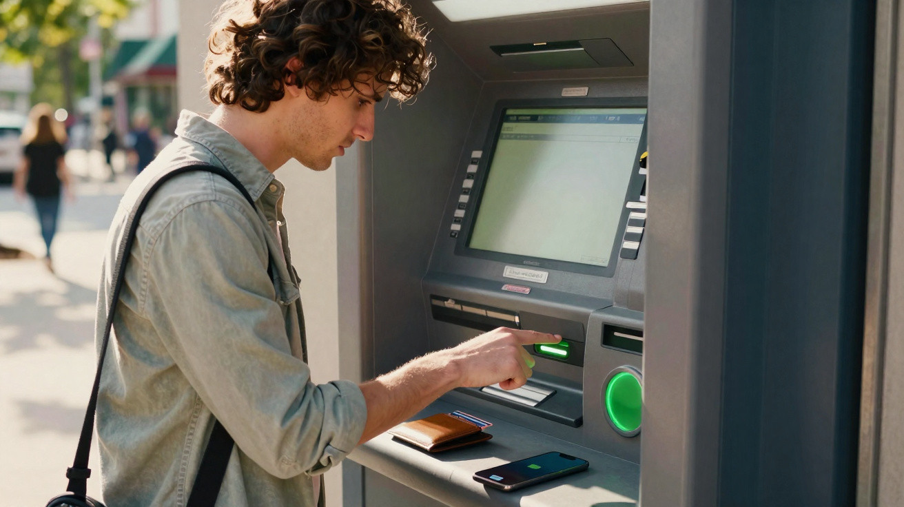 Homem jovem utiliza um multibanco ao ar livre, inserindo o cartão na máquina de levantamento.