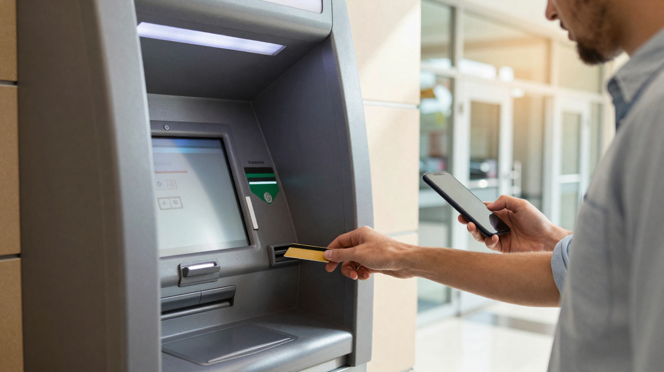 Homem usa cartão e telemóvel num multibanco para fazer uma operação financeira.