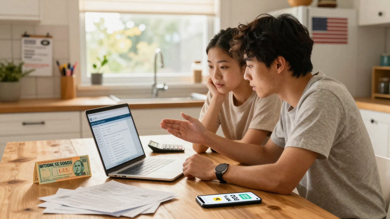 Casal jovem sentado à mesa da cozinha a analisar finanças num portátil e smartphone.