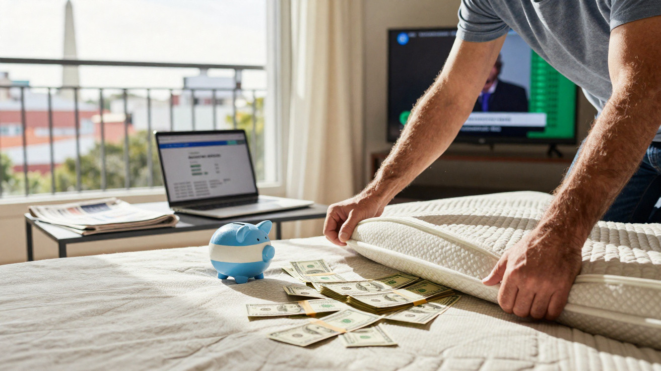 Pessoa a esconder dinheiro em notas de dólar debaixo de um colchão num quarto com computador portátil e mealheiro azul.