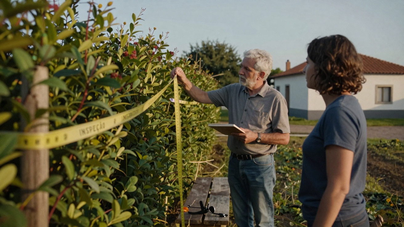 Homem e mulher medem altura de plantas com fita métrica num campo agrícola próximo de uma casa branca.