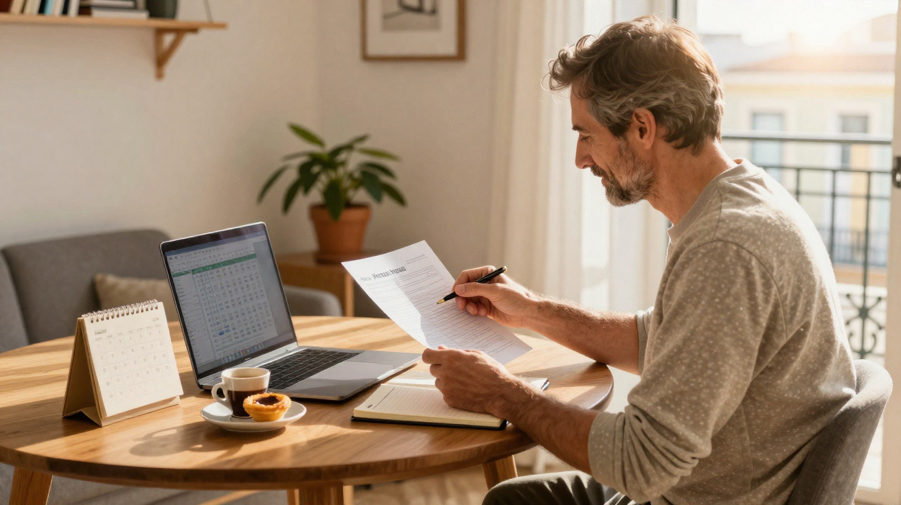 Homem sentado à mesa a analisar documentos com computador, calendário e café num ambiente luminoso.
