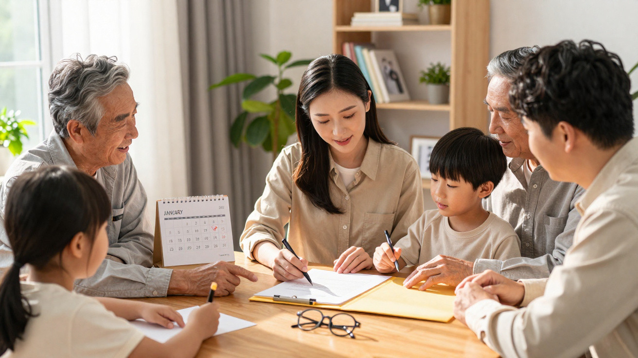 Família multigeracional reúne-se em torno da mesa para escrever e discutir documentos com um calendário à vista.