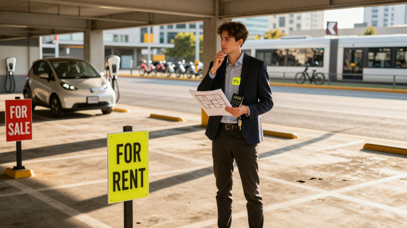 Homem de negócios pensa segurando planta de imóvel em estacionamento com sinais de venda e arrendamento.